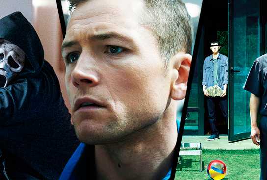 A split image of characters from Scream, Carry-On, and Parasite.