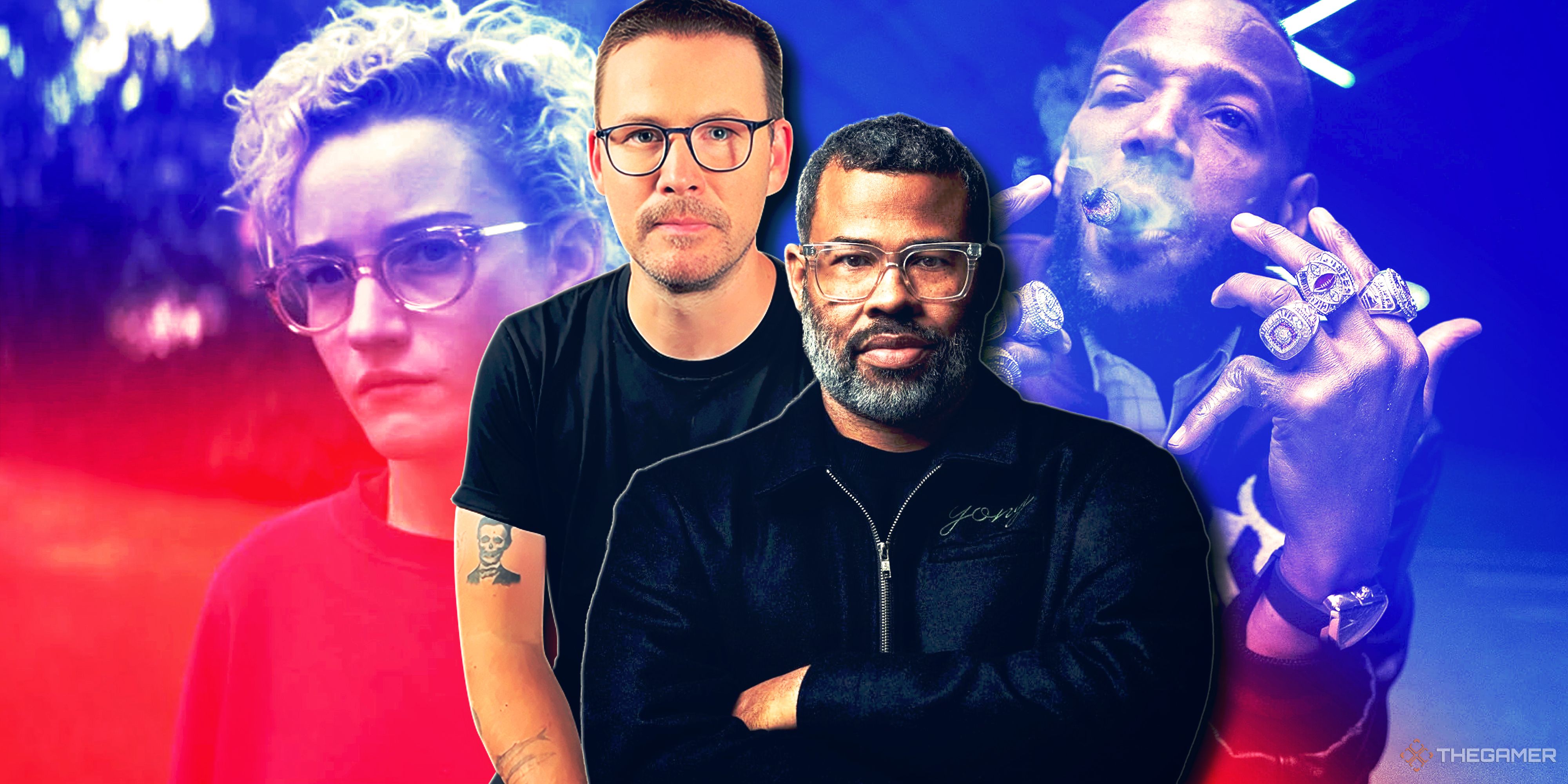 Zach Cregger and Jordan Peele in front of stills from their horror films.